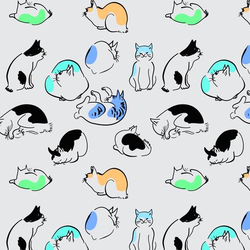 Hand drawn delicate outline cats rolling and sleeping pattern vector