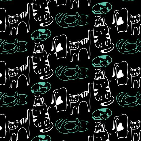 Hand drawn white and greet outline cat pattern  vector