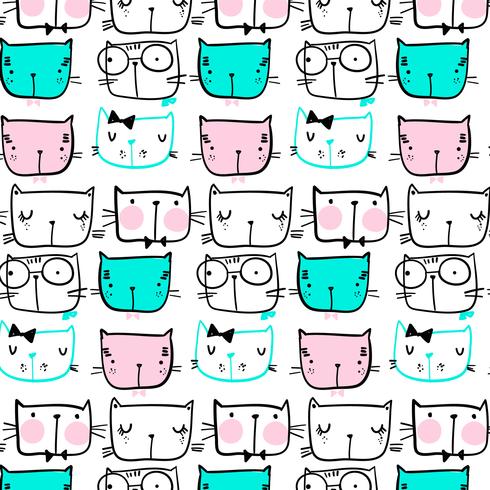 Hand drawn black line cat faces pattern vector