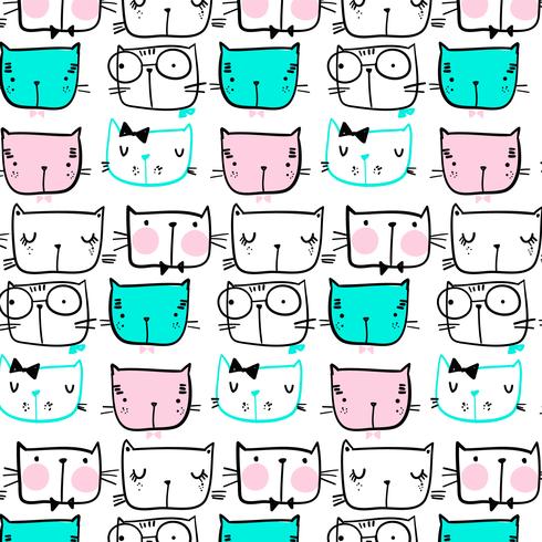 Hand drawn black line cat faces pattern vector