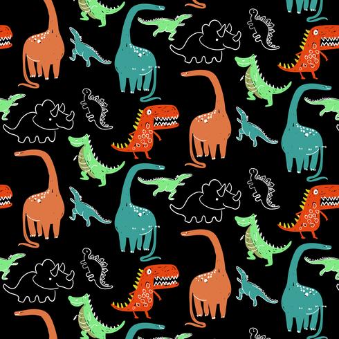 Hand drawn bright cartoon dinosaur pattern  vector