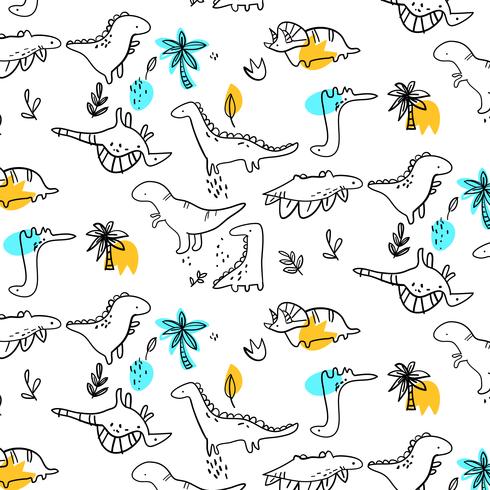 Hand drawn black outline baby dinosaurs pattern vector