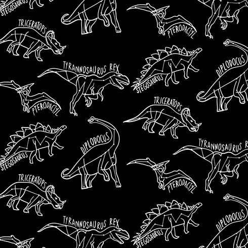 Hand drawn white outline dinosaurs with labels pattern vector