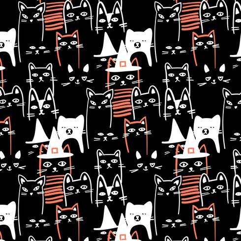 Contorno blanco dibujado a mano patrón de gatos negros de halloween vector