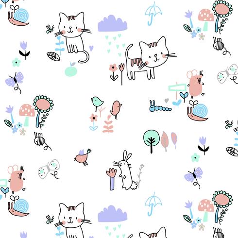 Hand drawn baby cats in spring pattern  vector