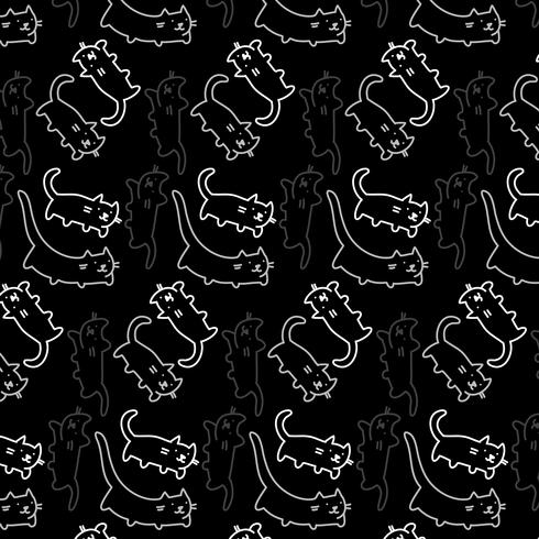 Hand drawn simple white outline cartoon cat pattern vector