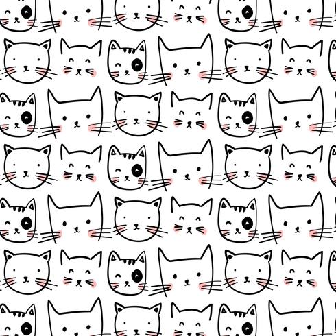 Hand drawn black outline cat faces pattern vector