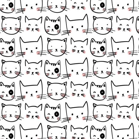 Hand drawn black outline cat faces pattern vector