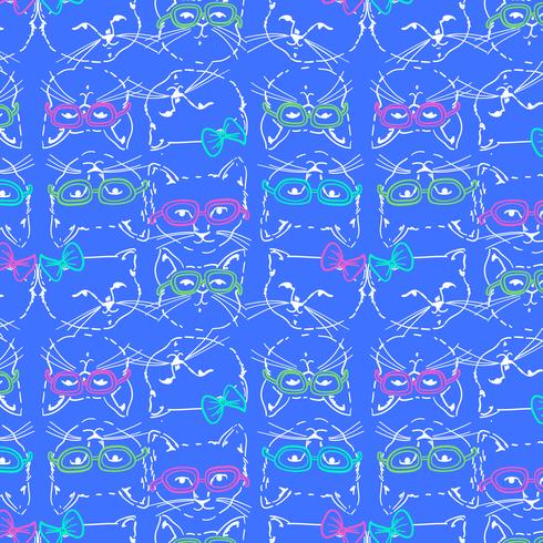 Hand drawn cool cat faces with glasses pattern vector