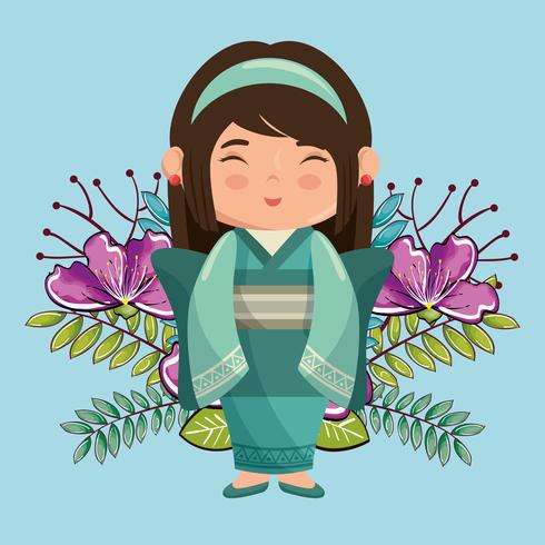 Niña japonesa kawaii con personaje de flores vector