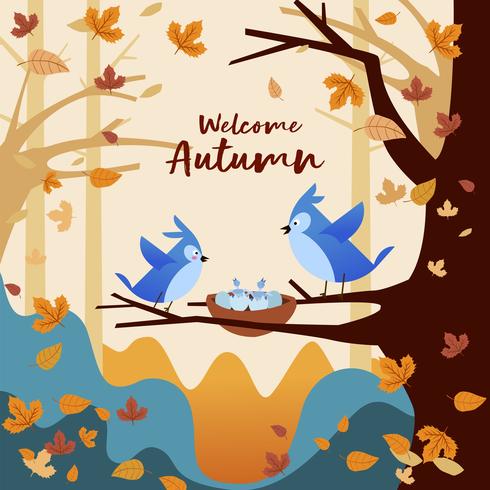 Blue Birds Playing In Autumn Season Forest vector