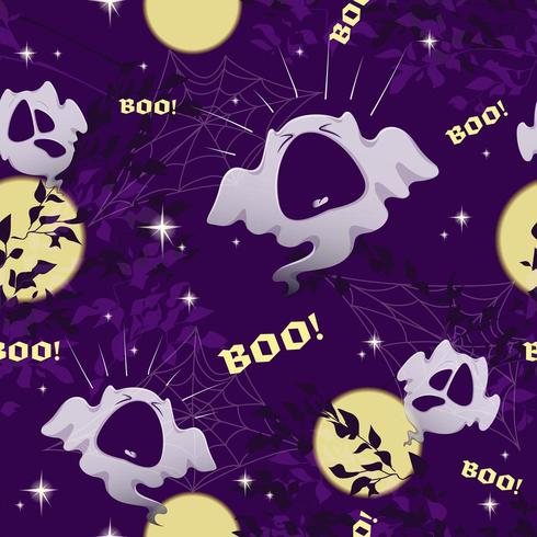 Patrón transparente de vector para Halloween con fantasmas divertidos, luna, cielo y estrellas