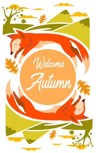 Fox Illustration For Autumn Season With leafs and Mountain vector