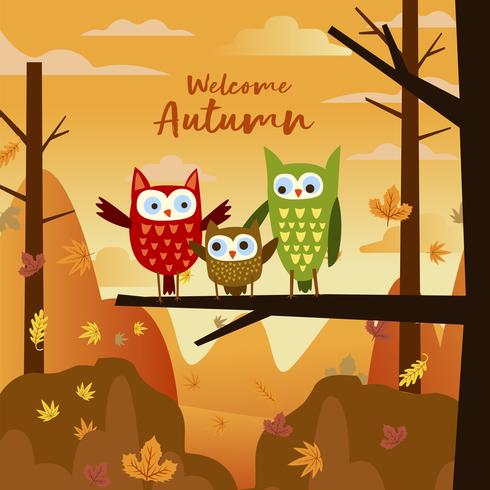 Happy Owl Family In The Forest Otoño Otoño Temporada vector