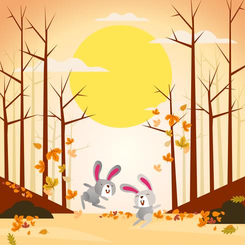 Ilustración de dos conejos lindos y divertidos jugando en otoño otoño vector