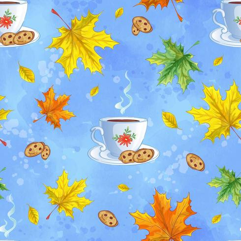 Seamless vector pattern with hot cocoa, cookies and autumn leaves