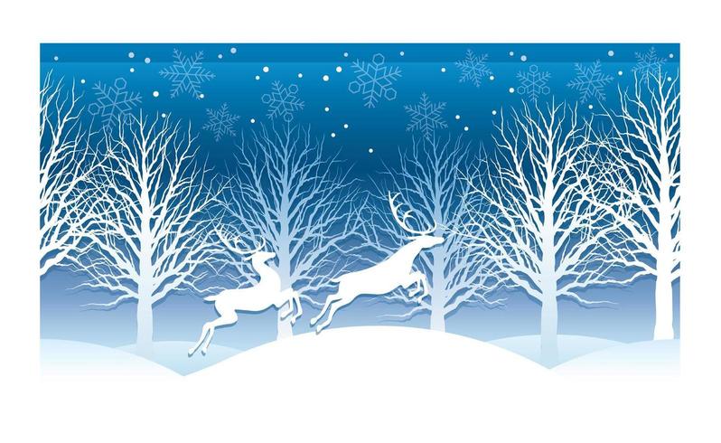 Christmas vector illustration with winter forest and reindeer.