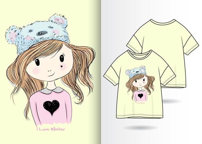 Hand drawn cute girl with t shirt design vector