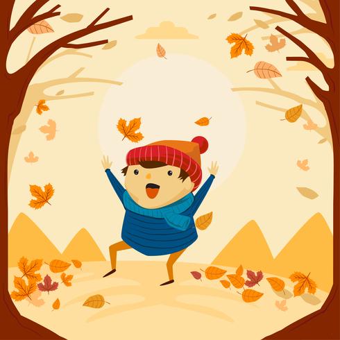 Niño lindo y divertido jugando y bailando en otoño otoño vector