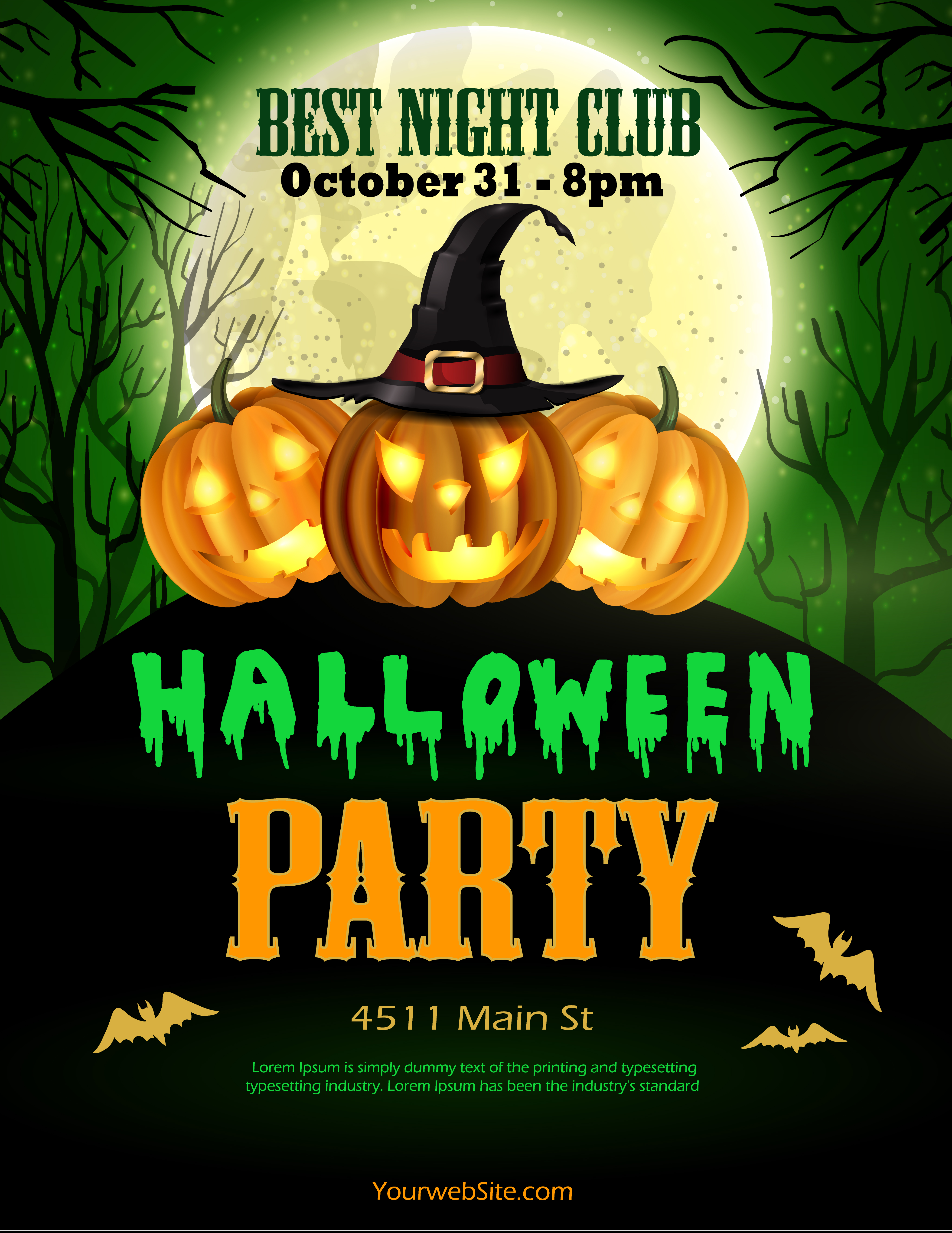 Halloween party flyer with three pumpkins green Download Free Vectors