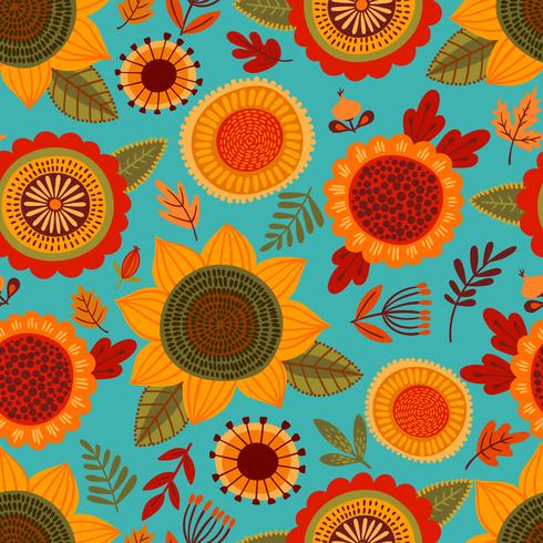 Folk seamless pattern with autumn flowers vector