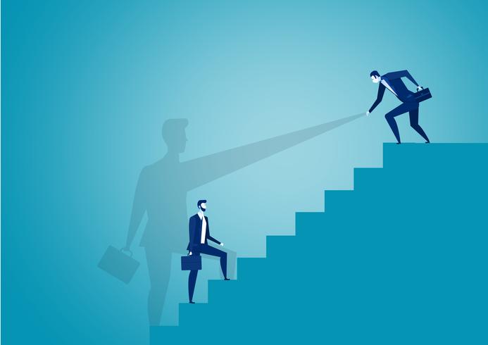 Businessman helps partner to rise to top red bar graph vector