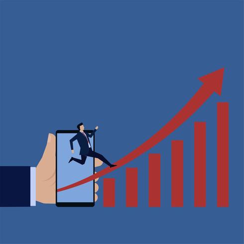 Business man running through rising chart from phone vector