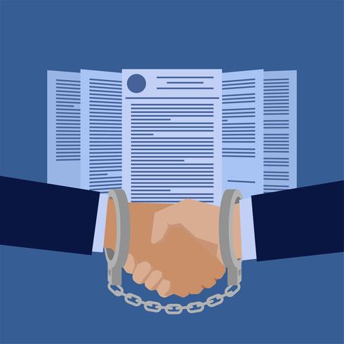Handshake attached by handcuffs in front of contract papers vector
