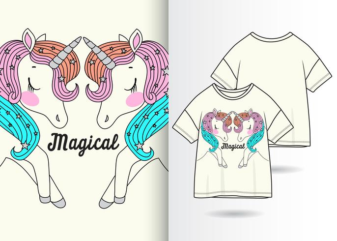 Diseño de camiseta dibujada a mano par de unicornio mágico vector