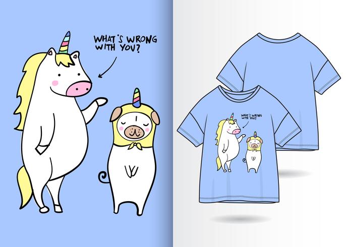 Diseño de camiseta dibujada a mano de unicornio divertido vector