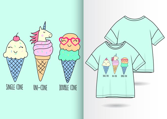 Hand drawn cute ice cream with t shirt design vector