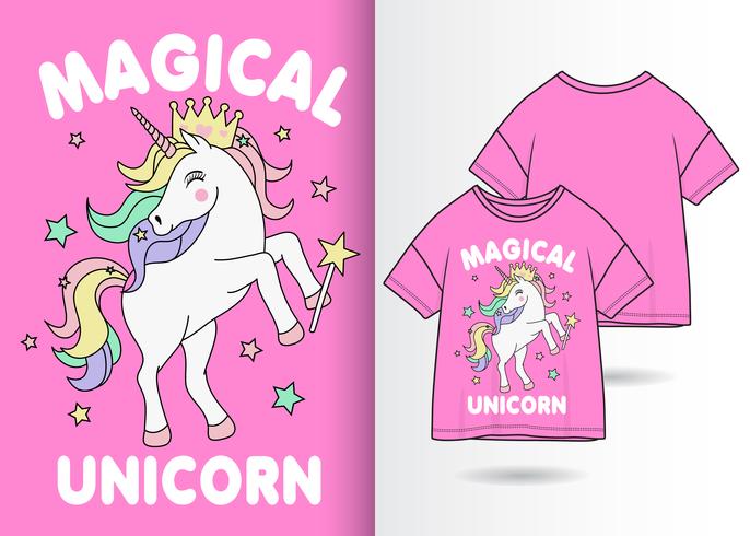 Diseño de camiseta dibujada a mano de unicornio mágico vector