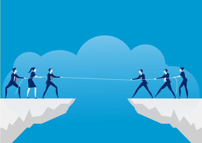 Business men pulling rope over precipice. Business rivalry and competition on blue background. vector