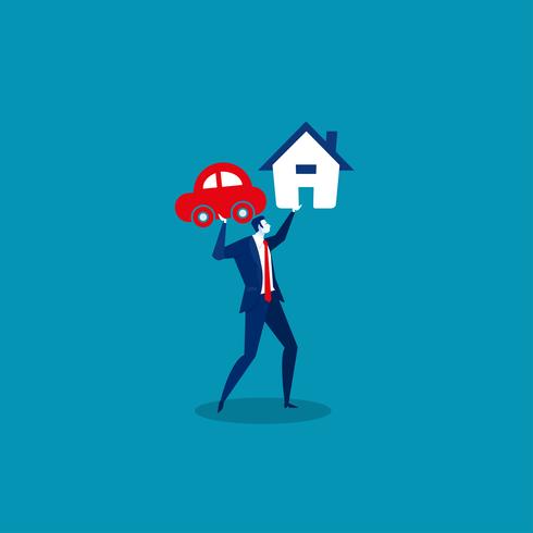 businessman holding loan house and car vector