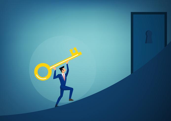 Businessmen holding key of success stepping forward to open bright future keyhole. vector