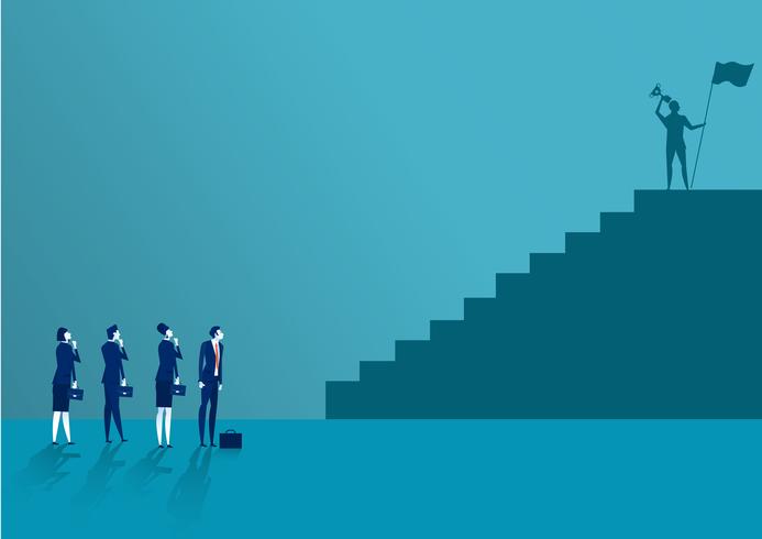 Business man looking the stairs. On top at the peak of success vector