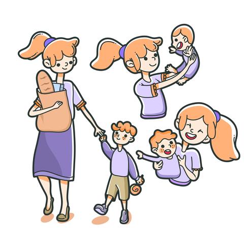 mother holding groceries with her son baby growing up illustration vector