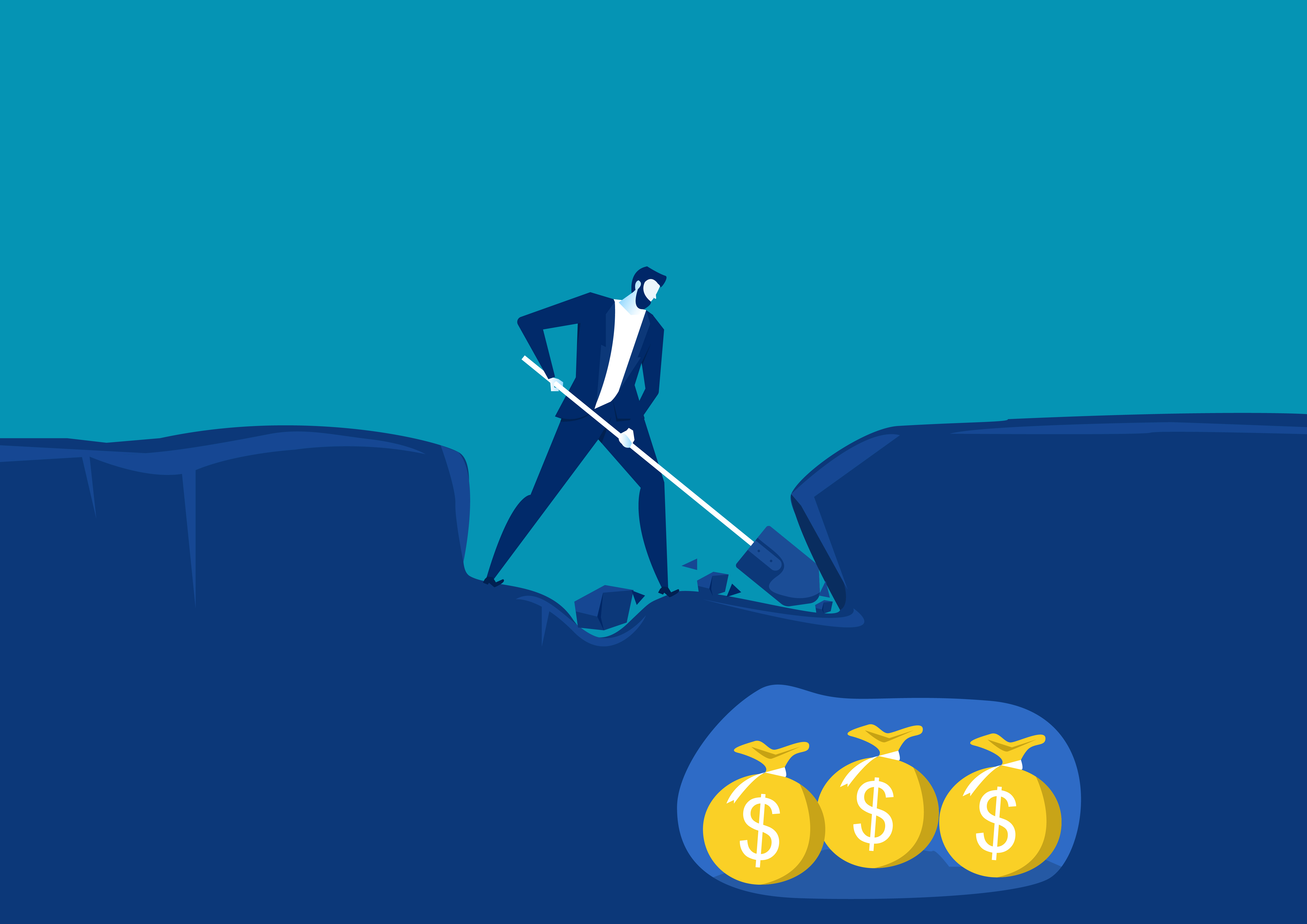 businessman digging with shovel and very near to success finding money