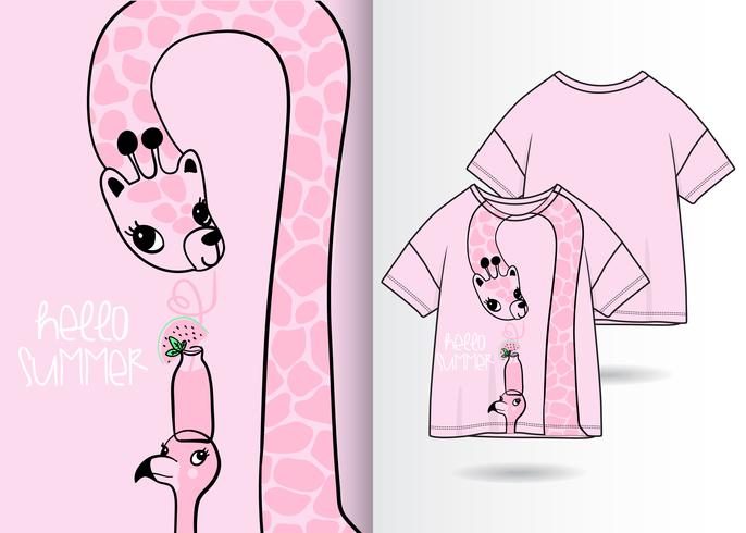Hand drawn cute giraffe with t shirt design vector
