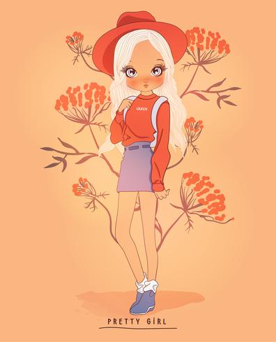 Hand drawn cute girl wearing hat and skirt with flower background vector