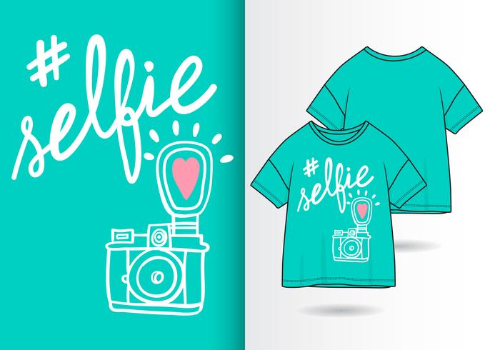 Selfie Hand drawn camera with t shirt design vector