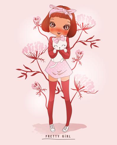 Hand drawn cute girl wearing long stockings and holding cat with flower background vector