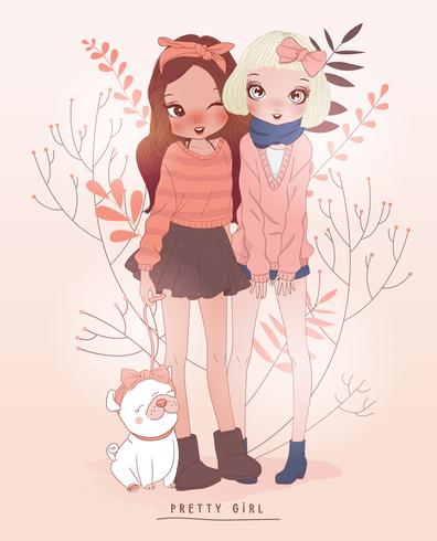 Hand drawn cute girls and dog with flower background vector