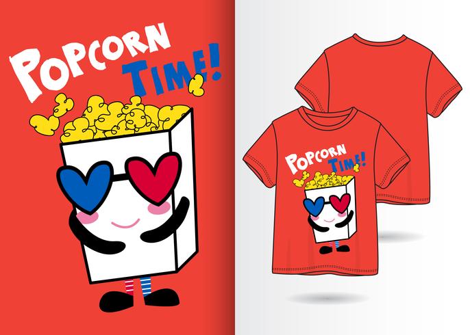 Hand drawn cute popcorn with t shirt design vector