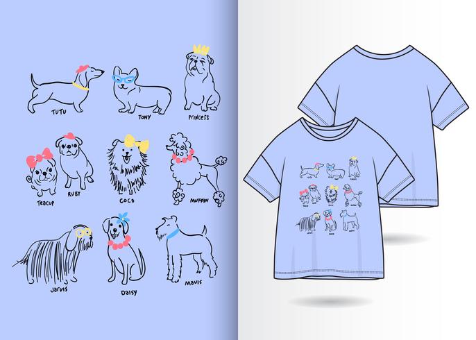 Dibujado a mano lindo perro con diseño de camiseta vector