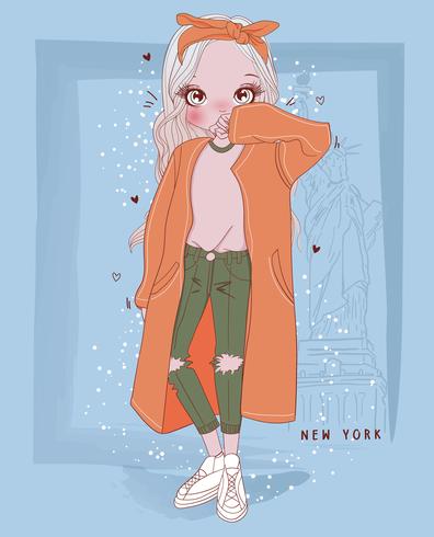 Dibujado a mano linda chica con abrigo largo en Nueva York vector