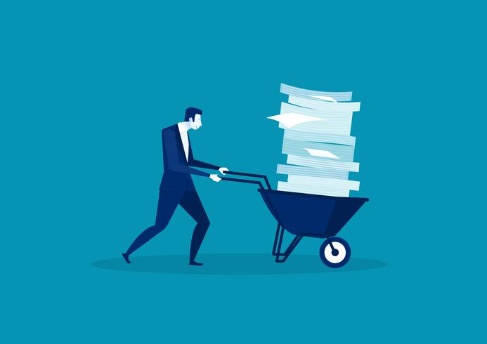 Businessman pushing a wheelbarrow full of paper vector