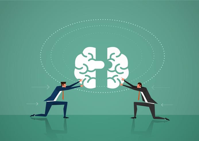 Two business man push brain puzzle pieces together vector