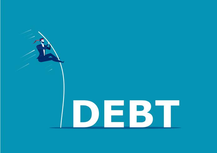 Business man jumping over the word debt vector