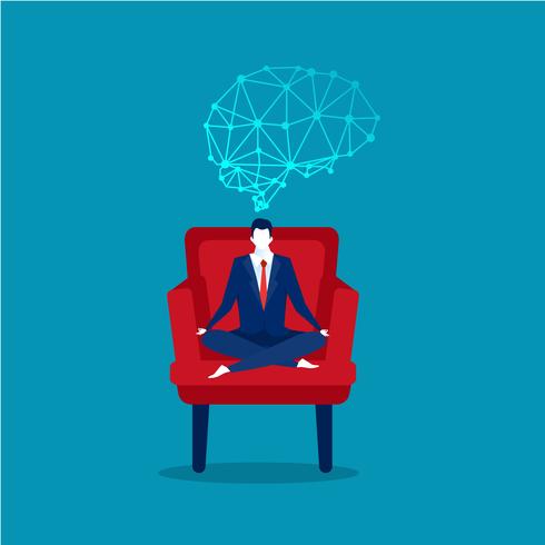 businessman sitting lotus pose in office chair with brain over head vector